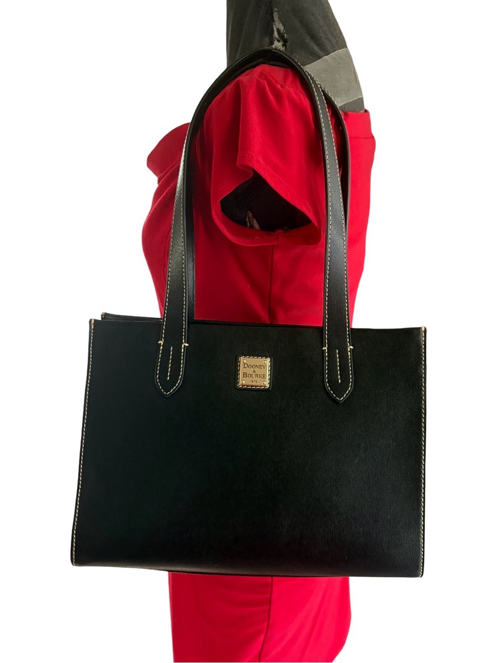 Dooney & Bourke Black Saffiano Leather Shopper Tote Bag | Gold Logo Badge - Picture 9 of 15